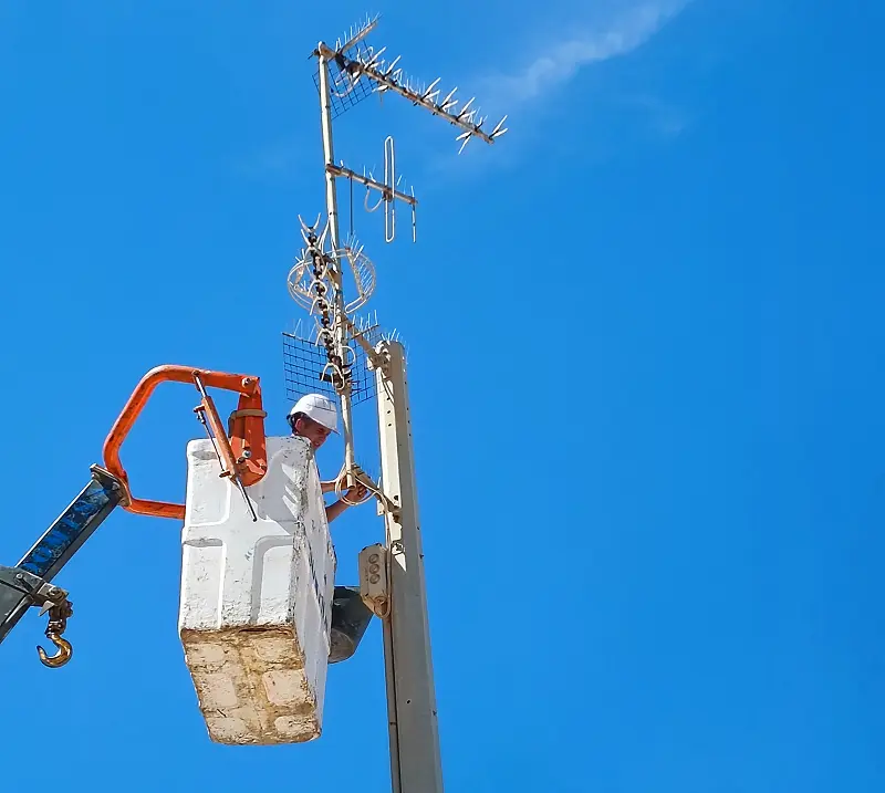 Control de aves. Operario colocando pinchos en antena