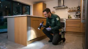 Técnico de desinsectación buscando nicas de cucaracha